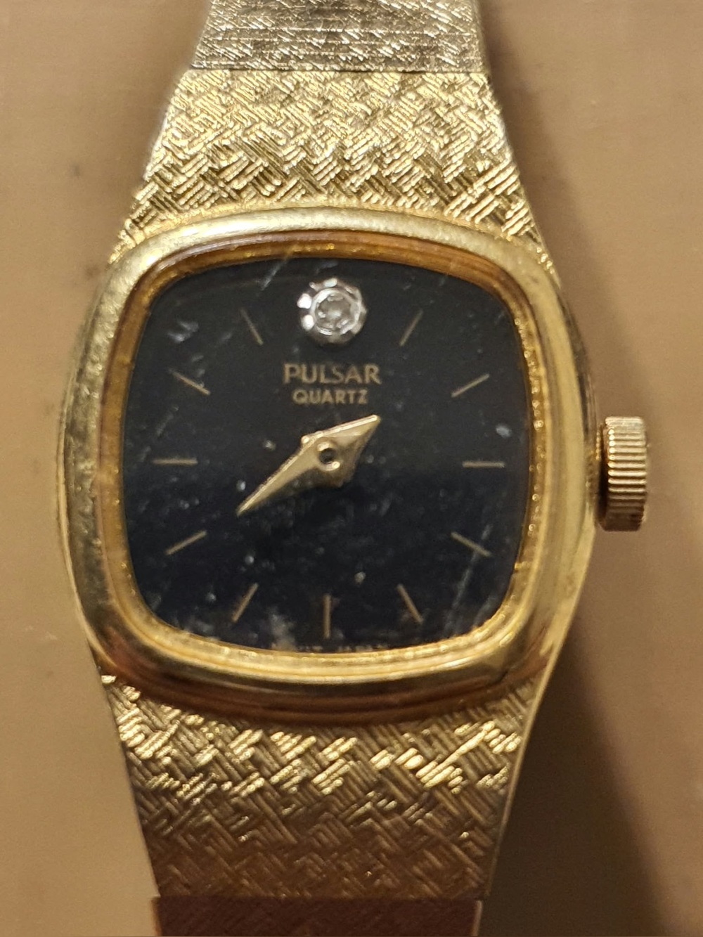 Vtg Pulsar Quartz Goldtone/Black Diamond Women's Watch